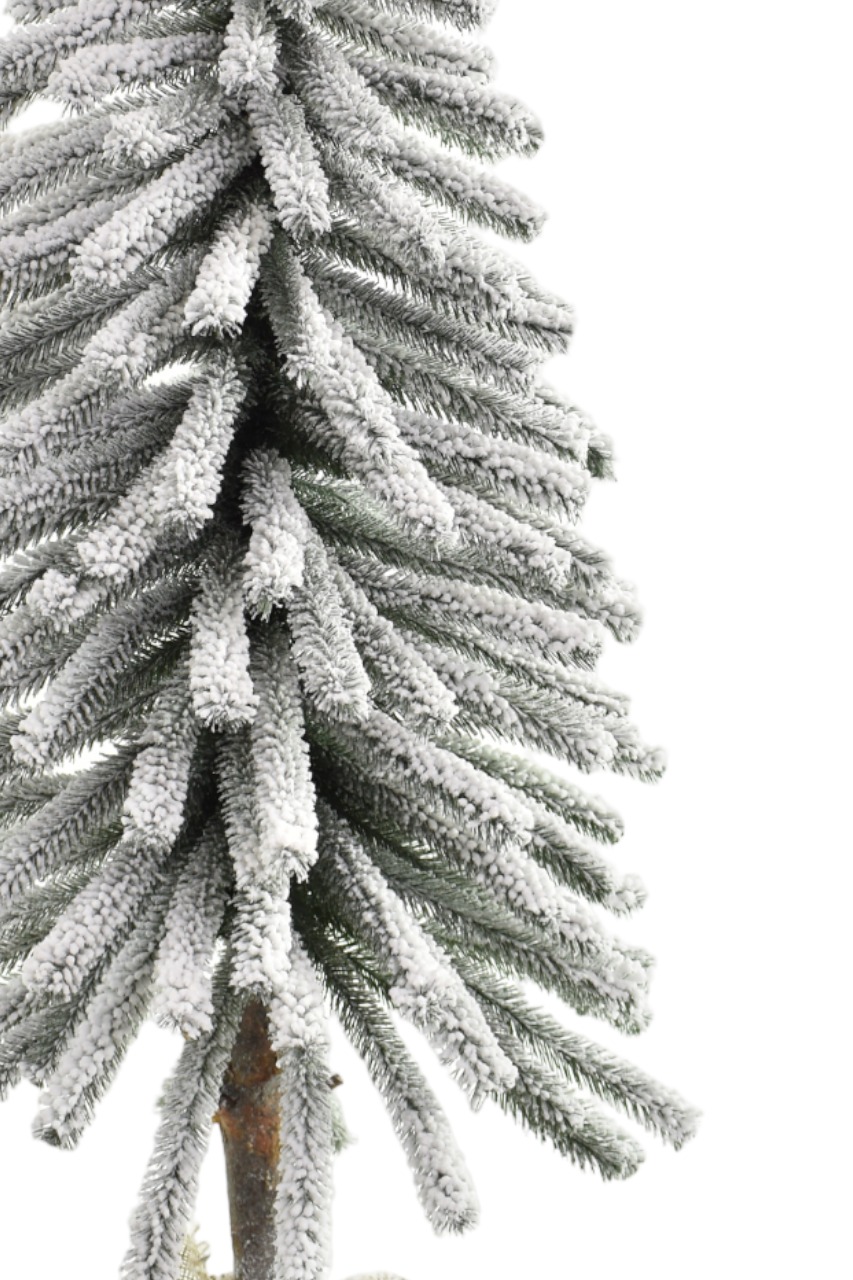 Zasnežený vianočný stromček na pníku vo vrecovinovom stojane, Mini Smrek Tatranský zasnežený.