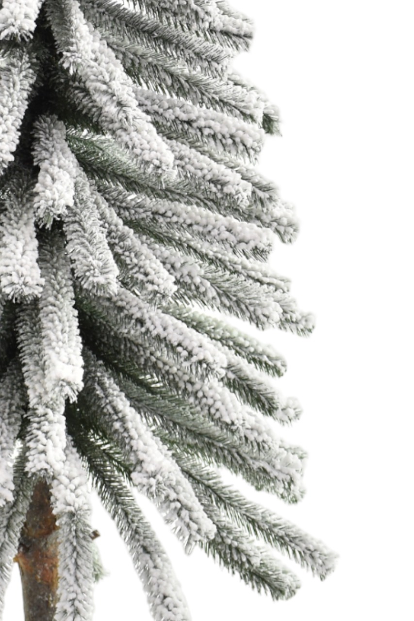 Zasnežený vianočný stromček na pníku vo vrecovinovom stojane, Mini Smrek Tatranský zasnežený.