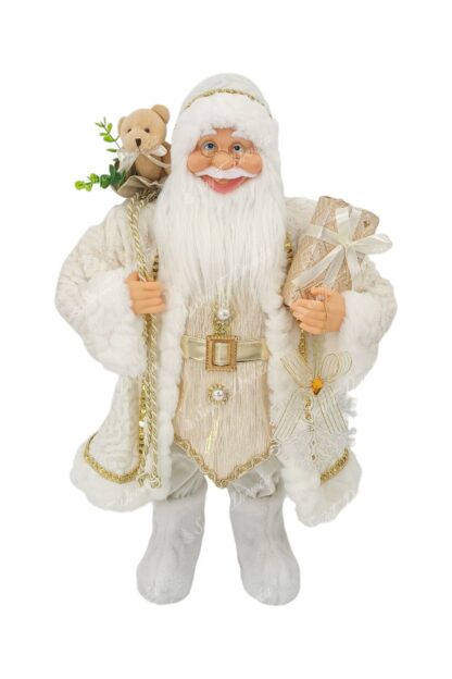 Dekoracija Djed Mraz Bijeli 60cm,ima na sebi bijeli kaputić, čizme i kapicu, nosi vrećicu sa darovima