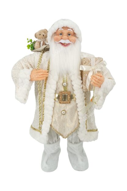 Dekoracija Djed Mraz Bijeli 80cm, ima na sebi bijeli kaputić, čizme i kapicu, nosi vrećicu sa darovima