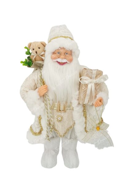 Dekoracija Djed Mraz Bijeli 40cm, ima na sebi bijeli kaputić, čizme i kapicu, nosi vrećicu sa darovima